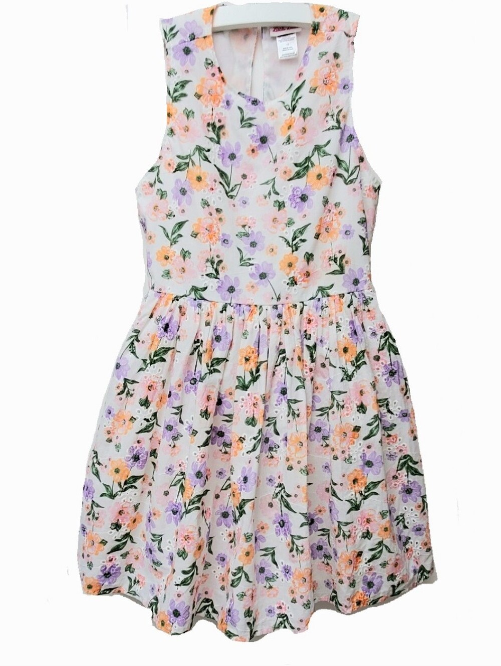 Little Lass Floral White Peach Lavender Fit&Flare Sweetheart Dress Bow 12 Yrs